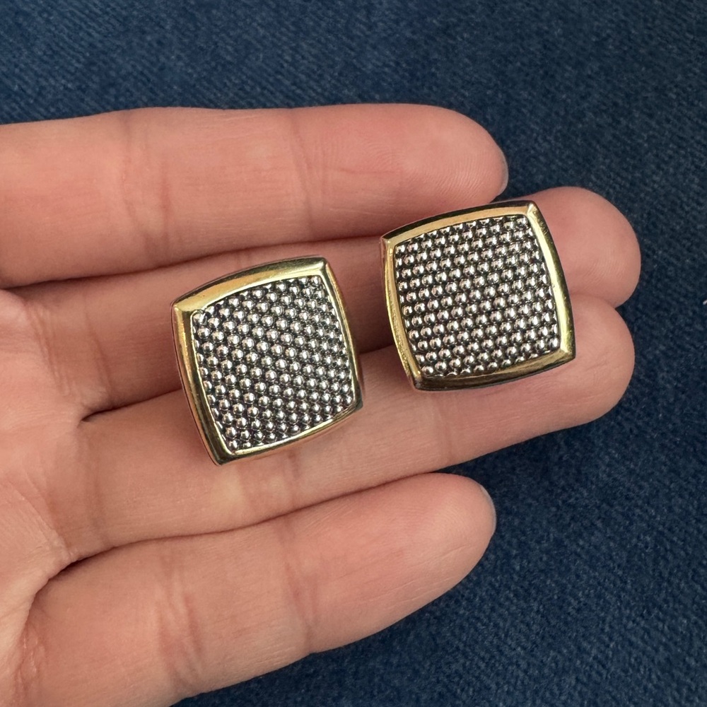 LAGOS Caviar 925 Sterling Silver‎ - 18k Yellow Gold Square two tone Earrings.